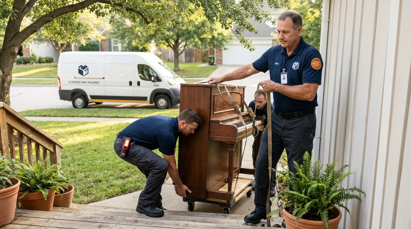 Licensed piano movers securing grand piano in Webster, SD