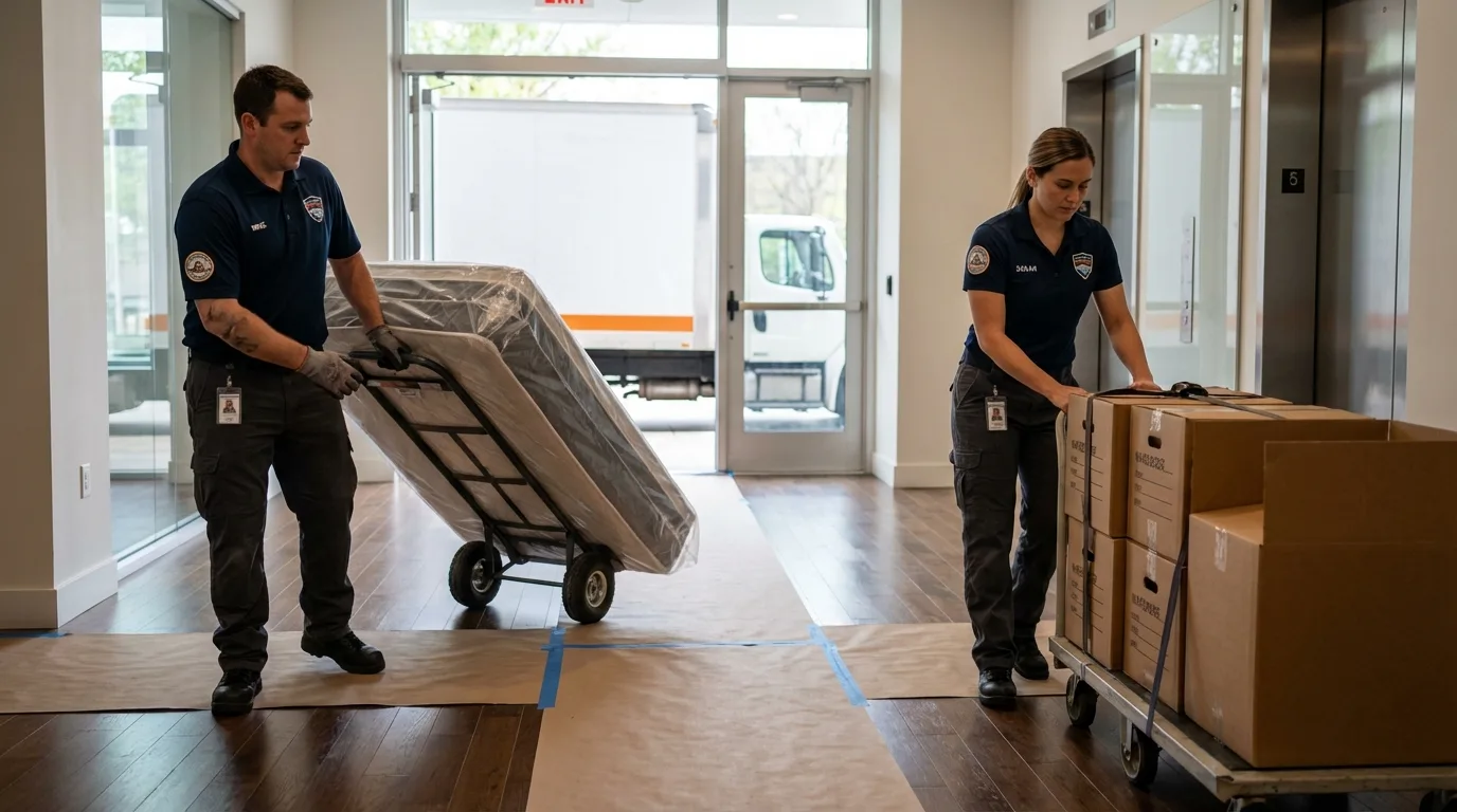 Professional apartment movers loading elevator in Webster, SD